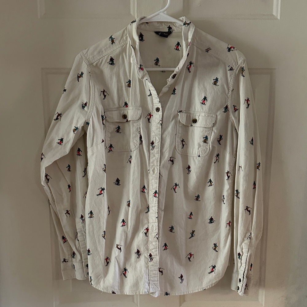 Eddie Bauer White Button Down Shirt with Ski/Snowboard Pattern